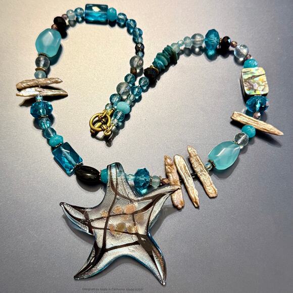 Artisan Abalone Shell & Blue Glass Beaded Pendant Necklace - Picture 5 of 8